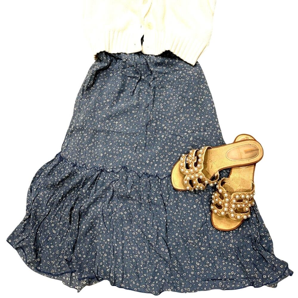 Boho Blue Floral Rayon Midi Skirt Womens XS Cottagecore Tiered Flowy Prairie USA